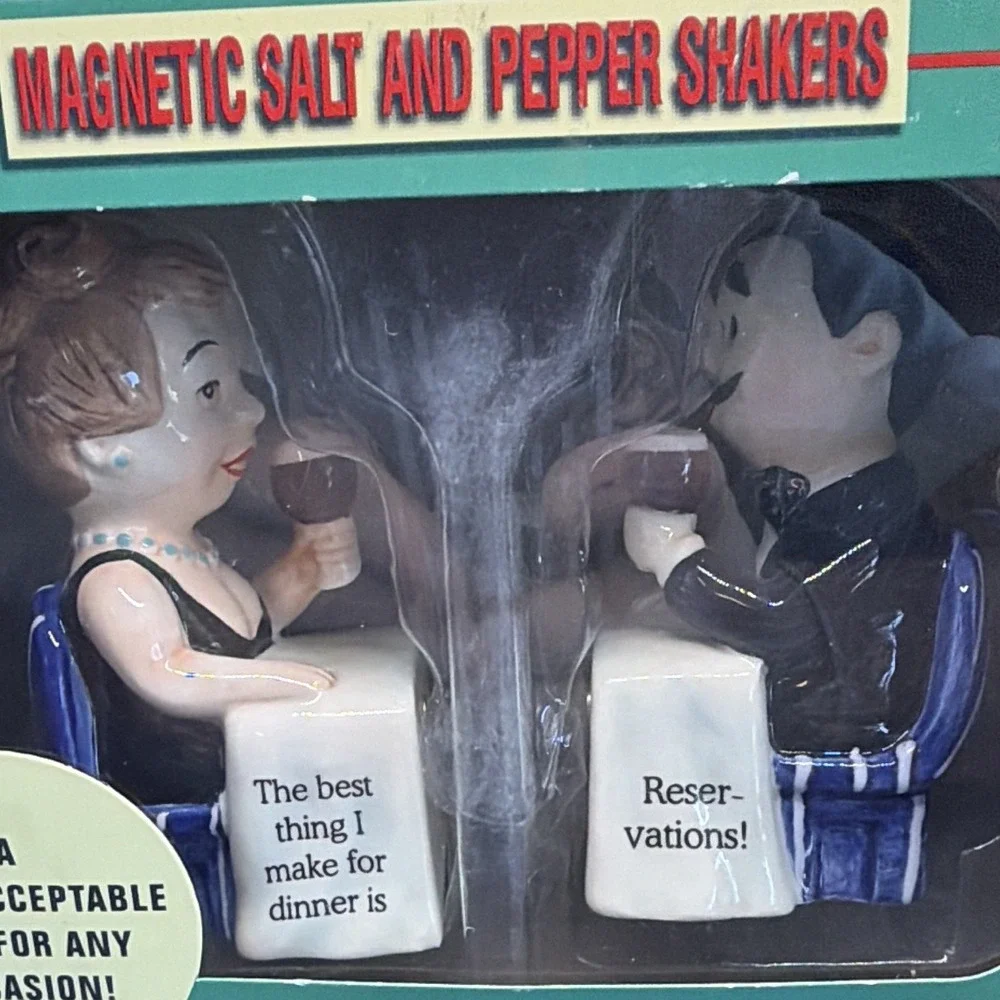 Pacific Giftware Reservation Magnetic Ceramic Novelty Salt & Pepper Shakers NIB